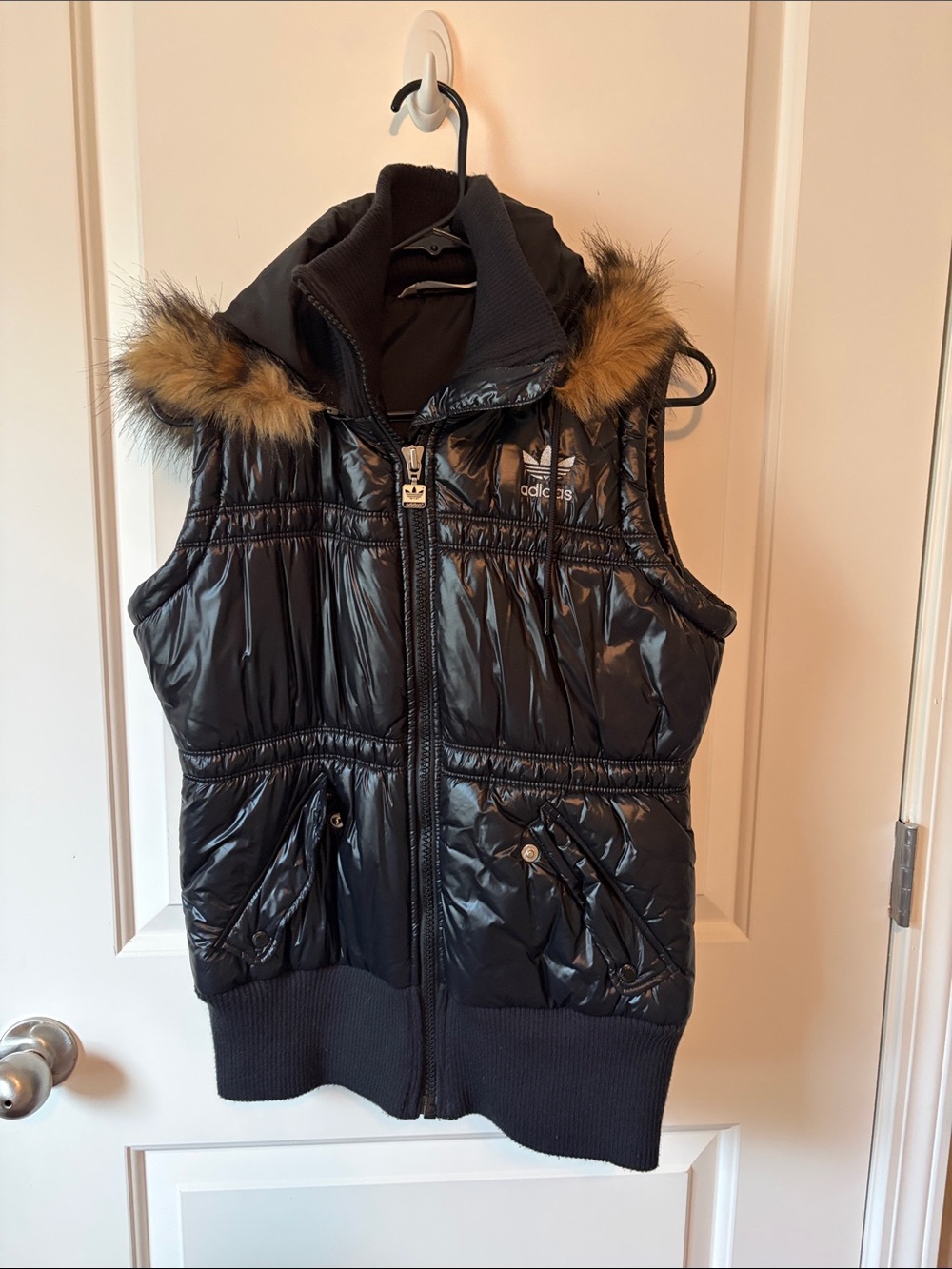 adidas Black Shiny Puffer Vest with Faux Fur Trim